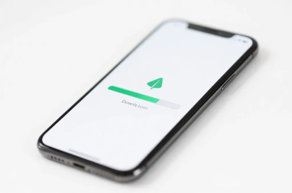 A modern smartphone showing an app download progress bar on a clean white background, editorial style